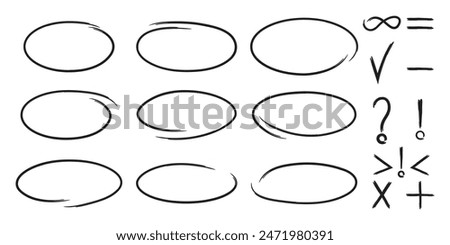 Sketchy math and punctuation icons: This set includes a variety of hand-drawn mathematical and punctuation symbols within oval frames, such as the plus, minus, equal, and infinity signs, and more.