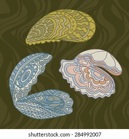 sketchy mollusks mussels and oysters in cartoon style on the background of green algaes