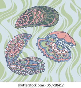 sketchy mollusks mussels and oysters in cartoon style on the background of algaes