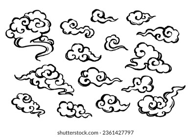 Clúpulos monocromáticos esquemáticos de nubes, nubes de estilo japonés, nubes de estilo chino, nubes de tintas