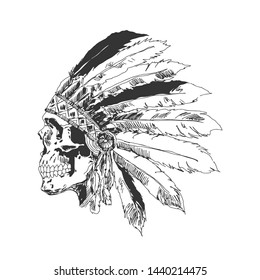 sketchy monochrome illustration of a skull in Naive American traditional headwear with feathers.