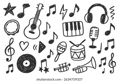 Sketchy music doodles featuring guitar, drum, headphones, microphone and other musical instruments