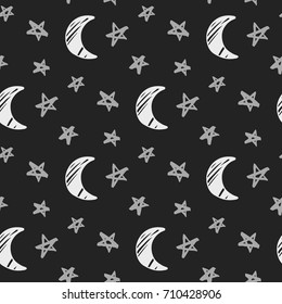 Sketchy night sky seamless pattern. Hand drawn light gray moons and stars isolated on a dark background