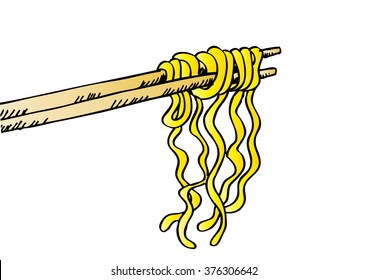 Sketchy noodle on chopsticks.