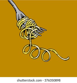 Sketchy noodle on fork. Hand drawing illustration.