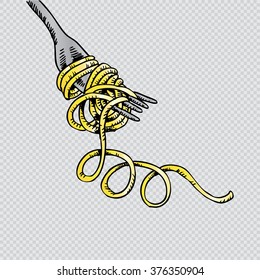 Sketchy noodle on fork. Hand drawing illustration.