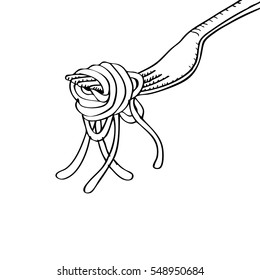 Sketchy noodle on fork. Hand drawing illustration.