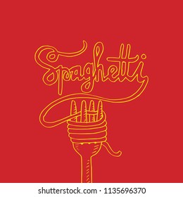 Sketchy noodle on fork with text Spaghetti.