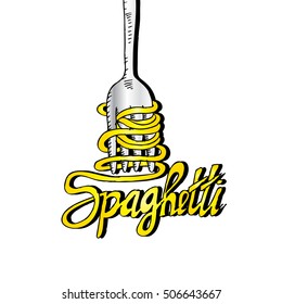 Sketchy noodle on fork with text Spaghetti.
