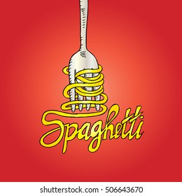 Sketchy noodle on fork with text Spaghetti.