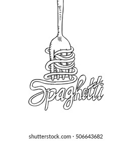 Sketchy noodle on fork with text Spaghetti.