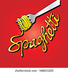 Sketchy noodle on fork with text Spaghetti.

