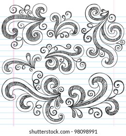 Sketchy Notebook Doodle Swirls - Hand-Drawn Design Elements Vector Illustration on Lined Sketchbook Paper Background