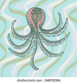 sketchy octopus in cartoon style on the background of sea waves