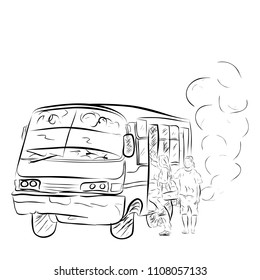 sketchy old and corrosive medium scale bus, at big city including jakarta, indonesia