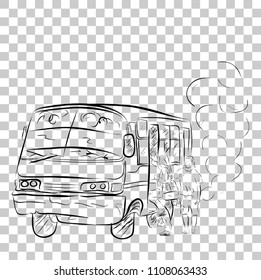 sketchy old and corrosive medium scale bus, at big city including jakarta, indonesia at transparent effect background