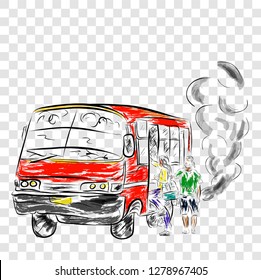 sketchy old and corrosive medium scale bus, at big city including jakarta, indonesia water color at transparent effect background
 