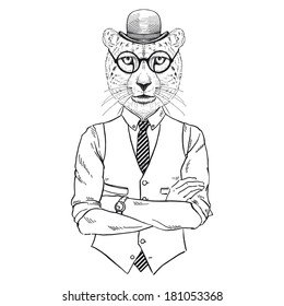 Sketchy one color fashion illustration of cheetah hipster in bowler hat isolated on white