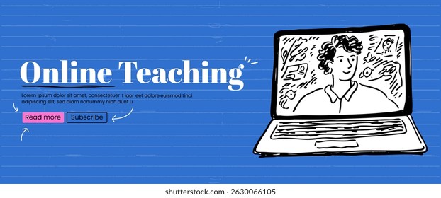 Sketchy online class scene with teacher and students. Remote education, digital learning, and webinars.