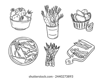 Sketchy outline drawings of vegetables in groups. Doodle outline vegetables for healthy eating on white background. Ideal for coloring pages, tattoo, pattern