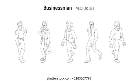 Sketchy outlune black and white illustration of a handsome young businessman in various poses. Fashion man street casual style