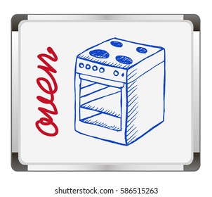 Sketchy oven on flip chart background. Free hand drawn. Vector illustration.
