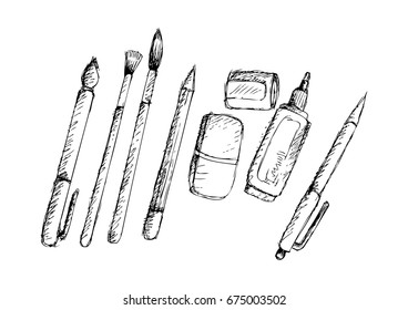 Sketchy of paint and writing tools collection - Pen, pencil, eraser, brush, correction pen.