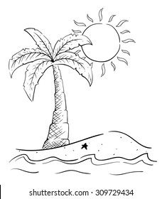 Sketchy Palm Tree On The Beach With Ocean Wave And Sun