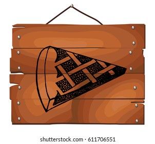 Sketchy piece of pie with cherry on wooden plank background. Free hand drawn. Vector illustration.