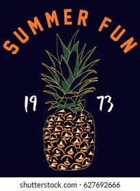 Sketchy Pine Apple with Slogan.Hand drawn Pine Apple. Summer Graphic. Pine Apple. Lettering ' Summer Fun ' Vector Illustration. Apparel Print. T shirt Print