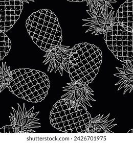 Sketchy pineapple seamless repeat pattern. Hand drawn Monochrome black and white artwork. Summer tropical fruit print for swimwear ,fashion teens , ladies and girls fashion. Cool trendy textured.