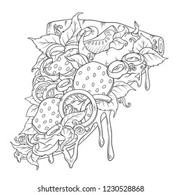 Sketchy pizza piece with tasty topping with tomato, pepperoni and mushroom using hand drawing style