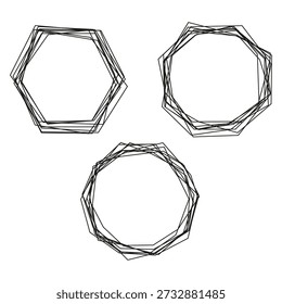 Sketchy polygon frames. Hand drawn borders. Ink hexagon Vector. Rough outline shapes.