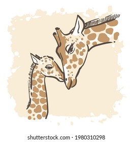 Sketchy portrait of two giraffes. Hand drawn color illustration. Simple line drawing