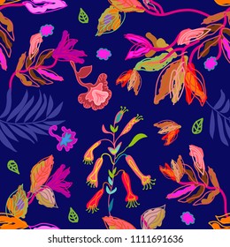 Sketchy print with abstract flowers and leves. Seamless floral pattern with folk art style elements. Colorful on blue background.