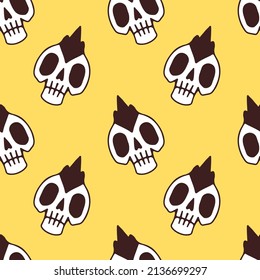Sketchy punk skull on yellow background seamless pattern. Modern vintage, pop art style seamless pattern concept.