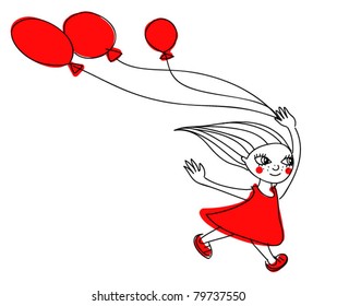 Sketchy running girl with red balloons