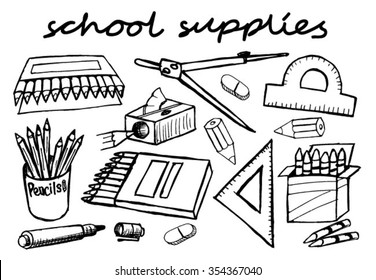 Sketchy school supplies on white background. Vector illustration.