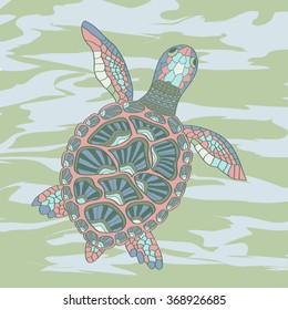 sketchy sea turtle in cartoon style on the background of sea waves