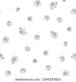 Sketchy seamless black and white floral pattern with roses. Good for textile or wrapping paper. Chaotic flowers background. Outline doodle flowers design