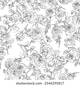 Sketchy seamless black and white floral pattern with roses. Good for textile or wrapping paper. Chaotic flowers background. Outline doodle flowers design