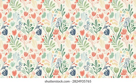 Sketchy seamless floral pattern with red tulips and colorful wild flowers on light cream background for fabrics.