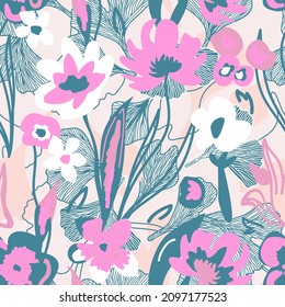 Sketchy seamless pattern with abstract hand-drawn flowers. Summer textile collection.