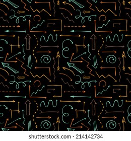 Sketchy seamless pattern. Hand-drawn arrows on black background. Vector illustration for business presentations.