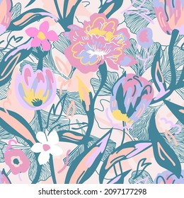 Sketchy seamless pattern with hand-drawn flowers. Summer textile collection.