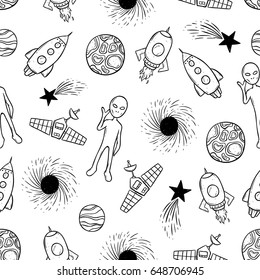 sketchy seamless pattern of space icons or elements on white background