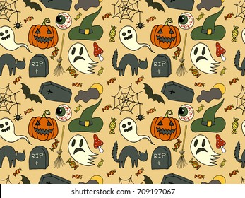 Sketchy seamless pattern vector hand drawn Doodle cartoon set of objects and symbols on the Halloween theme