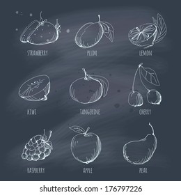 Sketchy set of fruit on a blackboard. EPS 10. No gradients. Transparency.