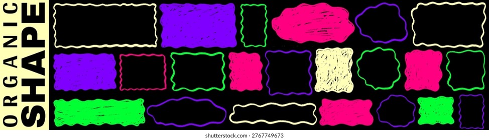 Sketchy shape and rectangle create a frame, organic and wavy motion with square, doodle border and crayon strokes highlight shape and rectangle frame.