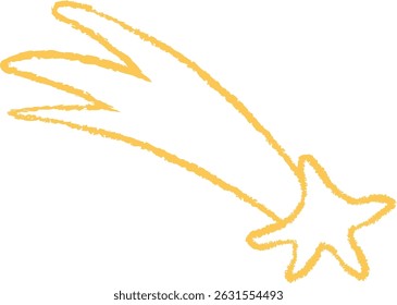Uma estrela cadente esboçada com linhas finais em um estilo de giz de cera. O cometa apresenta uma forma de estrela e linhas de movimento dinâmico. Ilustração de vetor de desenhos animados.